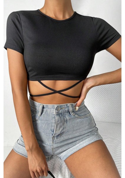 Kadın Siyah Yarım Kol Çapraz Bağlamalı Crop Top Bluz fırsatları