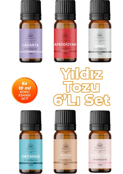 Yıldız Tozu Oda Kokusu 6'lı Set- Doğal Esansiyel Uçucu Yağ, Difüzör Esansı, Buhurdanlık Yağı