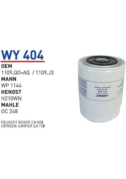 WY404 Oem 1109.QO-AQ/1109.J3 Fiat Ducato 2.8 Jtd Otomobil Yağ Filtre Oil Filter