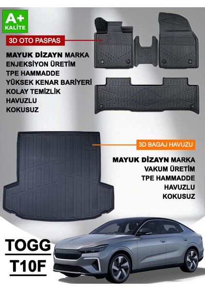 Togg T10F Sedan 2025+ Myk 3D Pemium Havuzlu Oto Paspas ve Bagaj Havuzu Seti