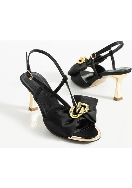 Kadın Fiyonk Detaylı Topuklu Sandalet Varen - Siyah
