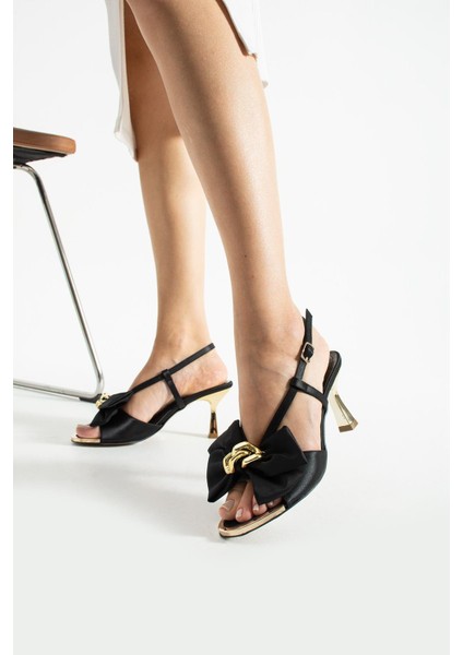 Kadın Fiyonk Detaylı Topuklu Sandalet Varen - Siyah indirimleri