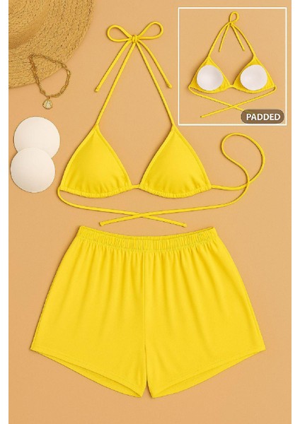 Kadın Sarı Şortlu Belden ve Boyundan Bağlamalı Bikini Takımı modelleri