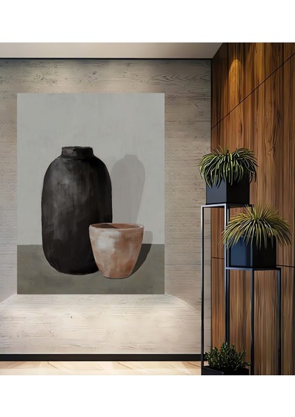 Siyah Vazo ve Kil Çömlek Dekoratif Ahşap Mdf Ev/işyeri Duvar Tablo Dikdörtgen Ev/işyeri Duvar Tablo