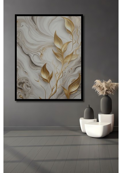 Çerçeve Görünümlü Altın Yapraklar Dekoratif Ahşap Mdf Ev Duvar Tablo Dikdörtgen Ev Duvar Tablo