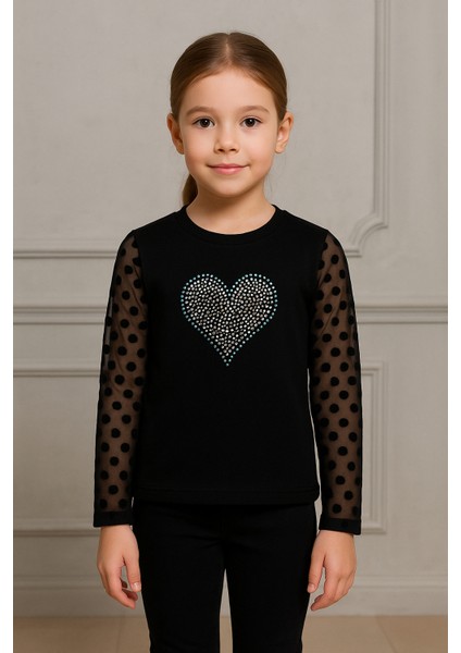 Kız Çocuk Kolları Puantiyeli Sweat