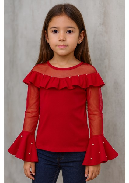 Kız Çocuk Kolları Puantiyeli Sweat