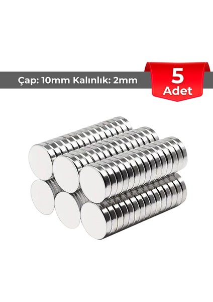 [5 Adet] Neodyum Mıknatıs Çap: 10MM Kalınlık: 2mm [D10X2] Ndfeb Güçlü Mıknatıs – Yuvarlak [N009]
