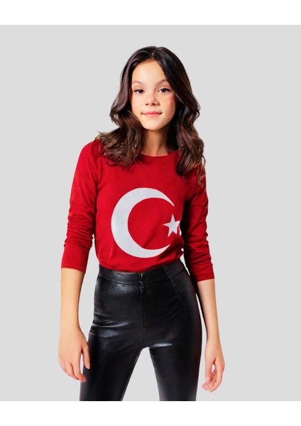 Ay Yıldız Baskılı Uzun Kollu Bisiklet Yaka Unısex Tişört