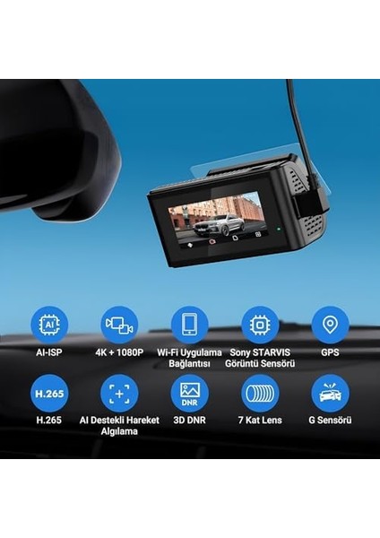 D11 2 Kameralı Ön/arka 4K+1080P Starvıs Sensörlü Yapay Zeka Destekli Wi-Fi Gps'li Araç Kamerası modelleri