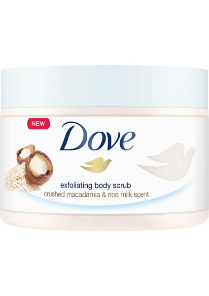 Dove Vücut Peelingi Macadamia Fındığı ve Pirinç Sütü 225 ml Beyaz
