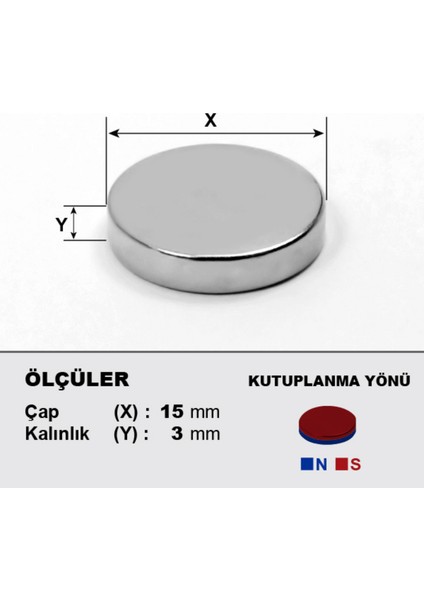 [3 Adet] Neodyum Mıknatıs Çap: 15MM Kalınlık: 3mm [D15X3] Ndfeb Güçlü Mıknatıs – Yuvarlak [N093] fırsatları
