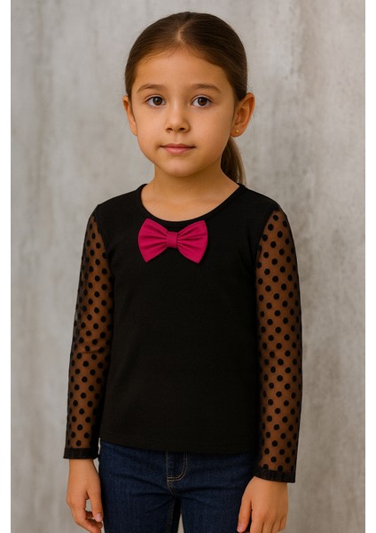 Kız Çocuk Kolları Puantiyeli Sweat