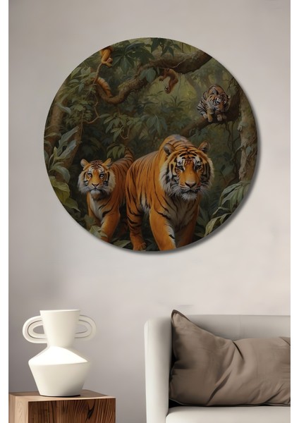 Kaplanlar Ormanda Egzotik Dekoratif Ahşap Mdf Ev/işyeri Duvar Tablo Yuvarlak Ev/işyeri Duvar Tablo