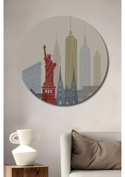 Özgürlük Heykeli New York Şehir Silüeti Ahşap Mdf Dekoratif Tablo Yuvarlak Tablo