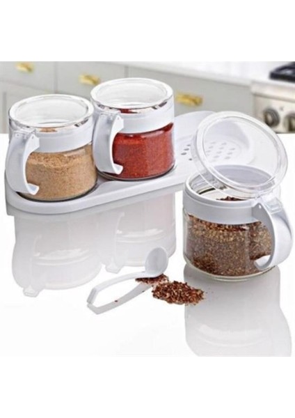 ® Beyaz 3lü Standlı Kapaklı Kaşıklı Cam Hava Sızdırmaz Baharatlık Takımı KC-386