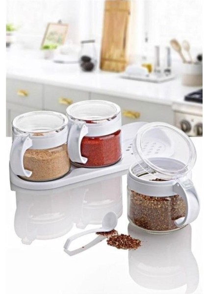 ® Beyaz 3lü Standlı Kapaklı Kaşıklı Cam Hava Sızdırmaz Baharatlık Takımı KC-386 indirimleri