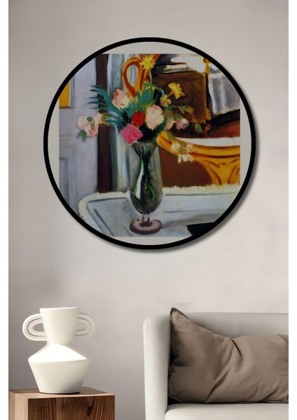 Çerçeve Görünümlü Matisse Ahşap Mdf Dekoratif Tablo Çiçekli Ayna Yansıması 1919 Yuvarlak Tablo