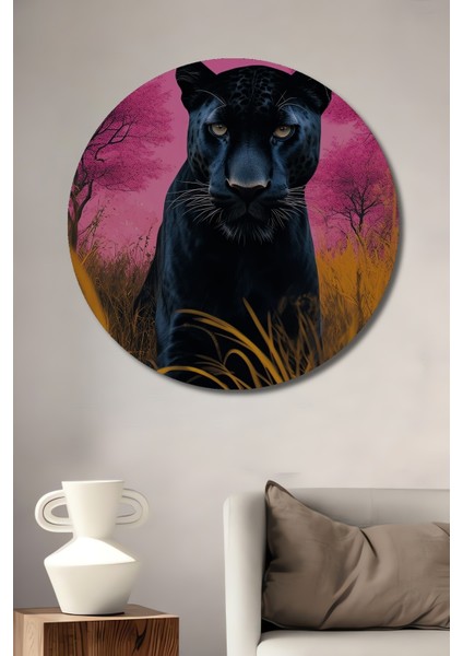 Pembe Ormanda Siyah Panter Dekoratif Ahşap Mdf Ev/işyeri Duvar Tablo Yuvarlak Ev/işyeri Duvar Tablo