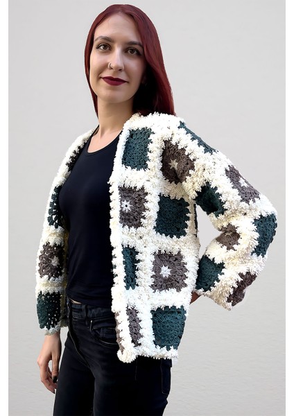 Anne Kuzusu Beyaz-Gri El Örgüsü Uzun Kollu Kadın Hırka