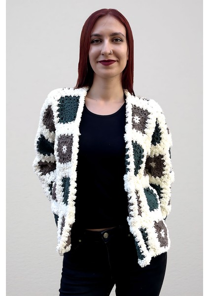 Anne Kuzusu Beyaz-Gri El Örgüsü Uzun Kollu Kadın Hırka modelleri