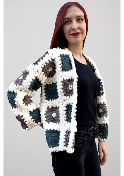 Anne Kuzusu Beyaz-Gri El Örgüsü Uzun Kollu Kadın Hırka fırsatları