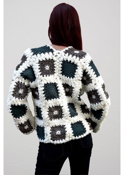 Anne Kuzusu Beyaz-Gri El Örgüsü Uzun Kollu Kadın Hırka