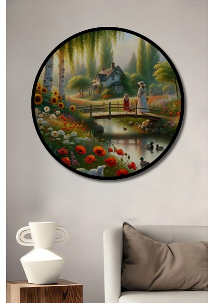 Çerçeve Görünümlü Kır Evi Çiçekli Ahşap Mdf Dekoratif Ev Duvar Tablo Yuvarlak Ev Duvar Tablo