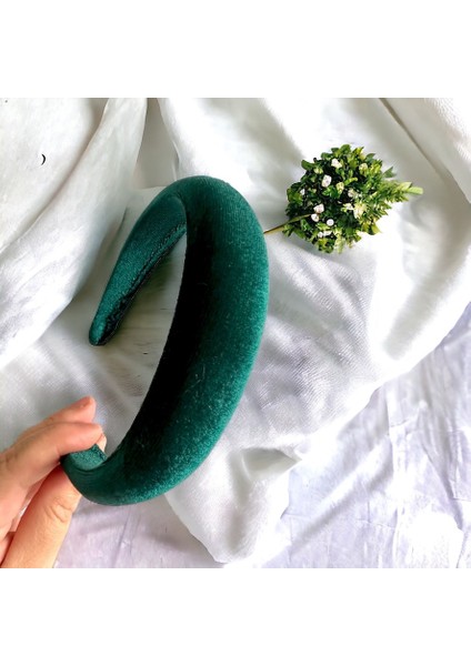 Kadife Yeşil Renk Az Bombeli Saç Tacı