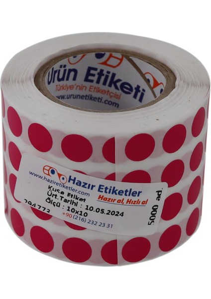 Etiketler, Hazır Al Hızlı Al Kuşe Rulo Renkli Zemin Baskılı, 10MM Çap, 5000 Adet, 5'li Yan Yana (Pembe)