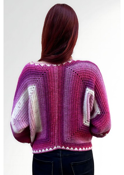 Pembe ve Lila Kare Desen El Örgüsü Kadın Hırka fiyatları