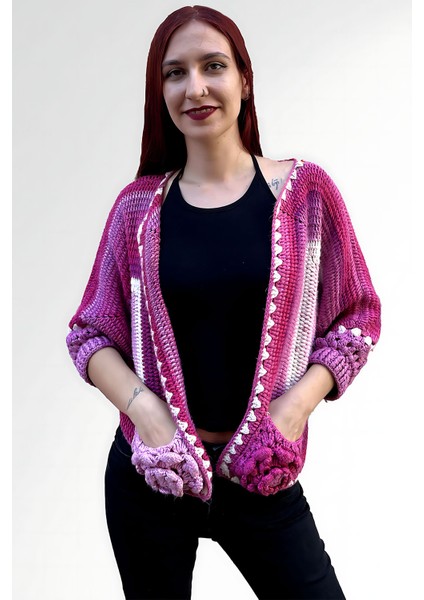Pembe ve Lila Kare Desen El Örgüsü Kadın Hırka fırsatları