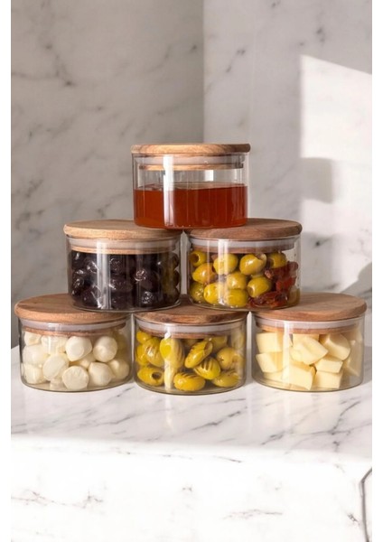 6'lı Borosilikat Cam Kahvaltılık Seti - Sızdırmaz Silikonlu Bambu Kapak - 90 x 70 mm (X6)