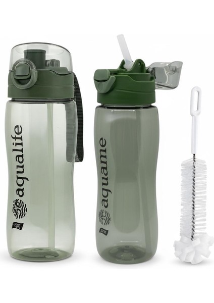 Rio Matara 750 ml Kapaklı- Pipetli, Kapak Koruma Kılıflı Su Matarası Yeşil + Temizleme Fırçası