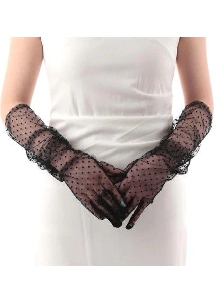 Uzun Siyah Puantiyeli Yetişkin Tül Eldiven fiyatları