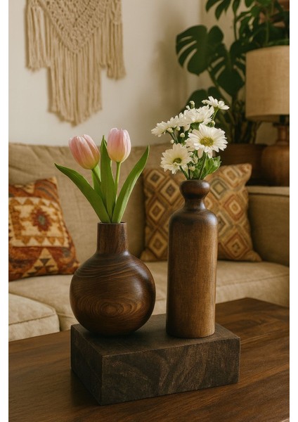 2'li Ahşap Vazo Ceviz Rengi - Dekoratif Vazo, Rustik Vazo, El Yapımı Ahşap Dekor Çiçeklik