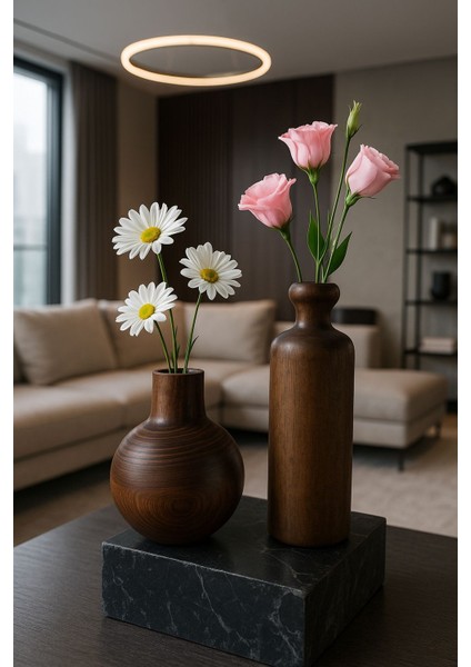 2'li Ahşap Vazo Ceviz Rengi - Dekoratif Vazo, Rustik Vazo, El Yapımı Ahşap Dekor Çiçeklik fiyatları