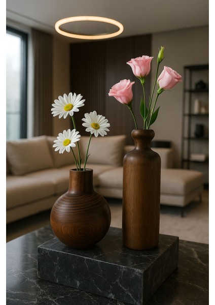2'li Ahşap Vazo Ceviz Rengi - Dekoratif Vazo, Rustik Vazo, El Yapımı Ahşap Dekor Çiçeklik modelleri