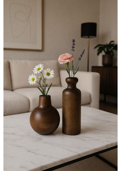 2'li Ahşap Vazo Ceviz Rengi - Dekoratif Vazo, Rustik Vazo, El Yapımı Ahşap Dekor Çiçeklik fırsatları
