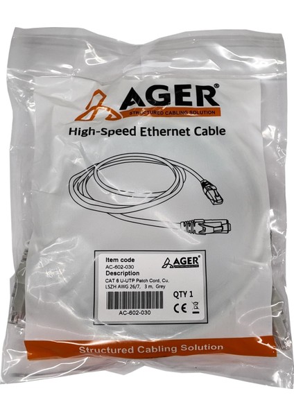 AC-602-030 3 mt Utp Cat6 Patch Kablo Grı Cu, Lszh Awg 26/7 fiyatları