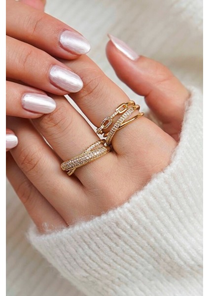 Altın Kaplama Işıltılı Taşlı Zincir Yüzük Seti – Kadın