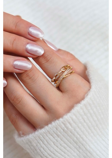 Altın Kaplama Işıltılı Taşlı Zincir Yüzük Seti – Kadın modelleri