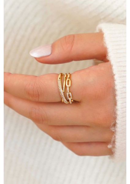 Altın Kaplama Işıltılı Taşlı Zincir Yüzük Seti – Kadın fırsatları