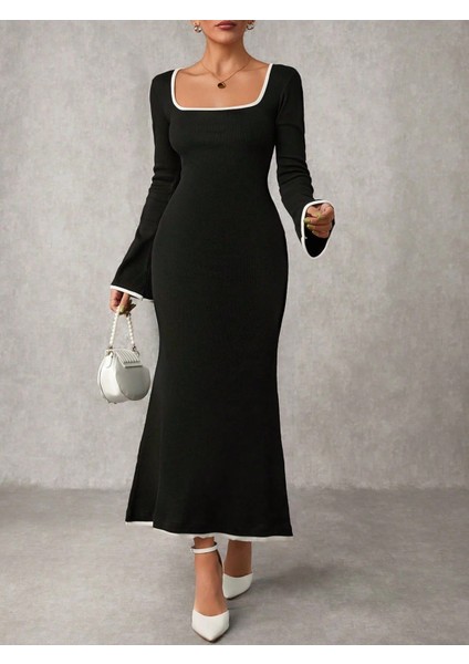 Biyeli Uzun Elbise Siyah