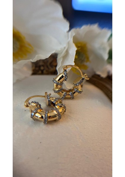 ✨ Gold Çelik Taş Detaylı Halka Küpe ✨