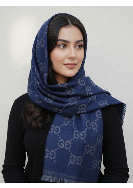 G Desen Kaşmir Ipek Çift Indigo Gri Taraflı Şal