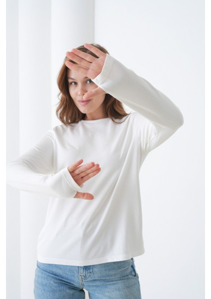 Kadın Bisiklet Yaka Uzun Kol Parmak Geçirmeli Spor Şık Bluz