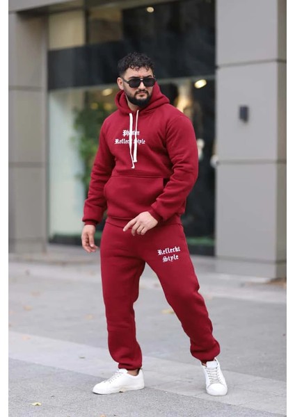 Bordo Şık Içi Polarlı Erkek Eşofman Takımı Paça Lastikli Cepli Kapüşonlu Nakış Detaylı Compact Takım