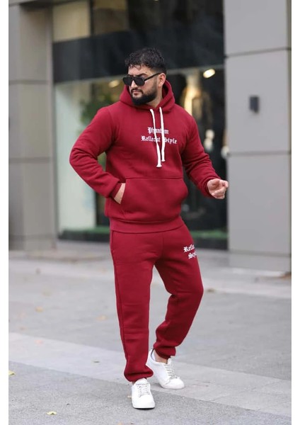 Bordo Şık Içi Polarlı Erkek Eşofman Takımı Paça Lastikli Cepli Kapüşonlu Nakış Detaylı Compact Takım modelleri