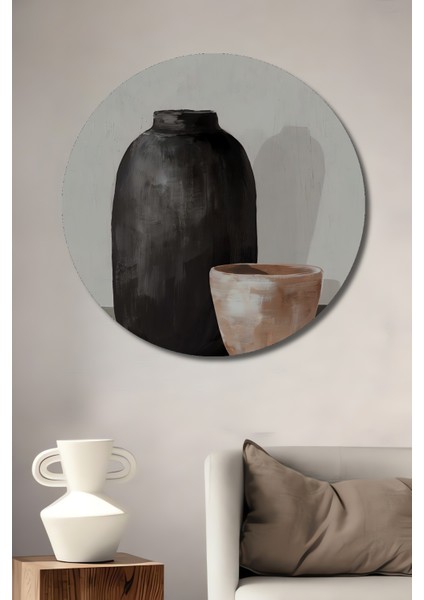 Siyah Vazo ve Kil Çömlek Dekoratif Ahşap Mdf Ev/işyeri Duvar Tablo Yuvarlak Ev/işyeri Duvar Tablo